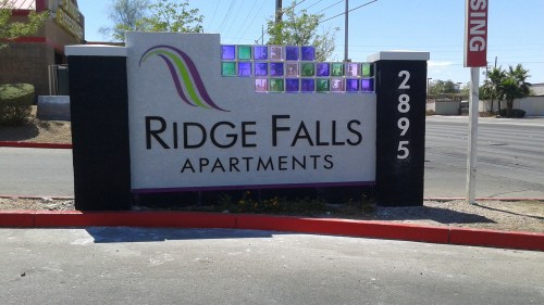 Ridge Falls Sign With Glass Blocks