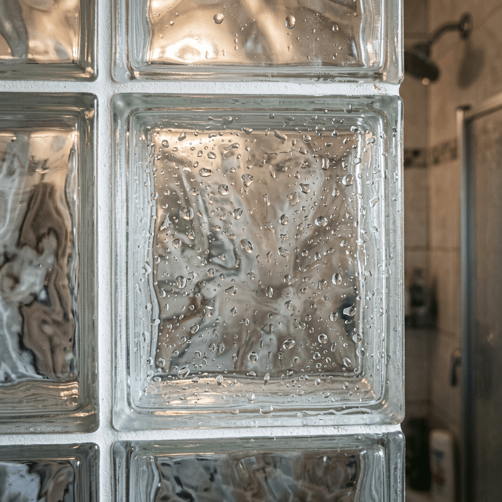 Glass block wall with water droplets in a bathroom shower