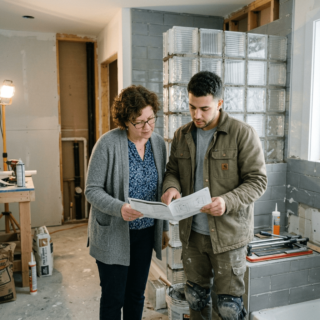 Contractor and homeowner discussing instructions in a bathroom under renovation